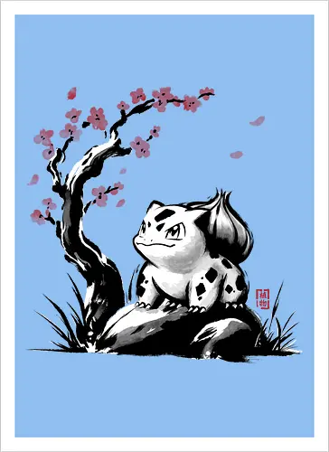 Grass-type sumi e - video games, gamer, gaming, sumi e, sakura, Starter, retro, cute, Pocket - Artprint