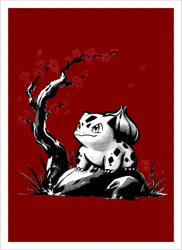 Grass-type sumi e - video games, gamer, gaming, sumi e, sakura, Starter, retro, cute, Pocket - Artprint