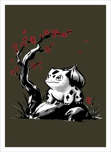 Grass-type sumi e - video games, gamer, gaming, sumi e, sakura, Starter, retro, cute, Pocket - Artprint