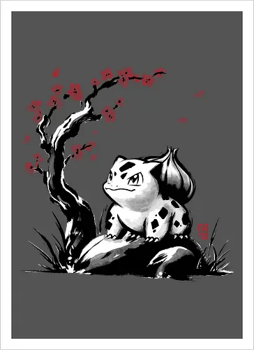 Grass-type sumi e - video games, gamer, gaming, sumi e, sakura, Starter, retro, cute, Pocket - Artprint