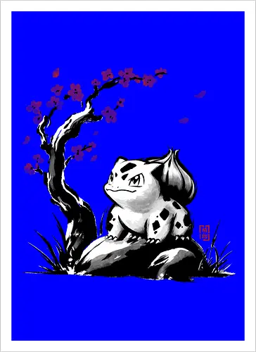 Grass-type sumi e - video games, gamer, gaming, sumi e, sakura, Starter, retro, cute, Pocket - Artprint