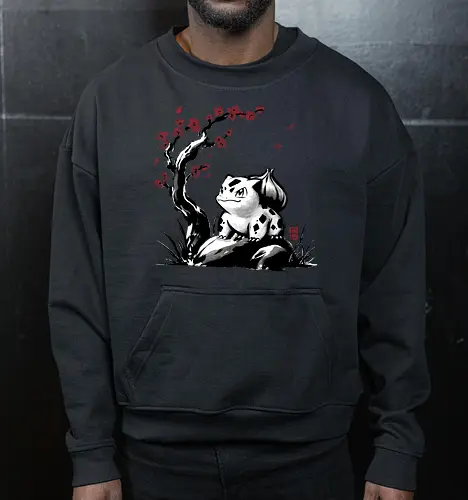 Grass-type sumi e - video games, gamer, gaming, sumi e, sakura, Starter, retro, cute, Pocket - Cropped Sweatshirt