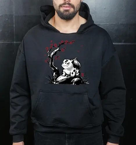 Grass-type sumi e - video games, gamer, gaming, sumi e, sakura, Starter, retro, cute, Pocket - Cropped Hoodie