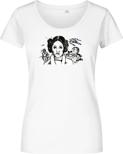 Galactic Echoes Sci-Fi Graphic  - May the Fourth, graphic tee, artistic tee, indie ästhetik, boho vibe, Space Opera, prinzessin lea, streetwear graphic, artsy shirt, linocut art, Holzschnitt, handmade aesthetic, urban wear, illustration - Women T-Shirt