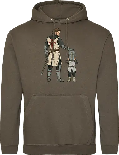 The Squire's Burden: A Knight's Legacy - knight and squire shirt, medieval crusader graphic tee, funny history apparel, D&D player clothing, big helmet child design, historical meme streetwear, retro comic book art, templar knight merch, father and son knight tee, aesthetic fantasy fashion - Standard Hoodie