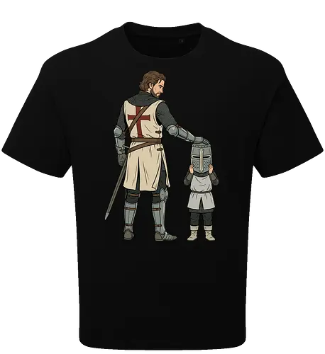 The Squire's Burden: A Knight's Legacy - knight and squire shirt, medieval crusader graphic tee, funny history apparel, D&D player clothing, big helmet child design, historical meme streetwear, retro comic book art, templar knight merch, father and son knight tee, aesthetic fantasy fashion - Oversize T-Shirt