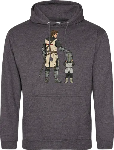 The Squire's Burden: A Knight's Legacy - knight and squire shirt, medieval crusader graphic tee, funny history apparel, D&D player clothing, big helmet child design, historical meme streetwear, retro comic book art, templar knight merch, father and son knight tee, aesthetic fantasy fashion - Standard Hoodie