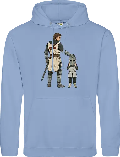 The Squire's Burden: A Knight's Legacy - knight and squire shirt, medieval crusader graphic tee, funny history apparel, D&D player clothing, big helmet child design, historical meme streetwear, retro comic book art, templar knight merch, father and son knight tee, aesthetic fantasy fashion - Standard Hoodie
