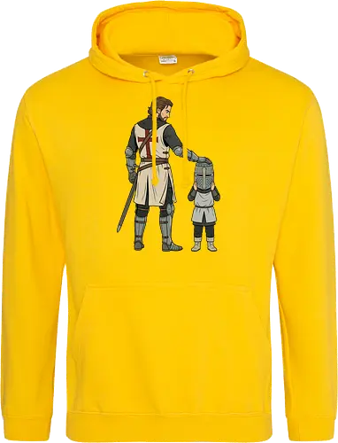 The Squire's Burden: A Knight's Legacy - knight and squire shirt, medieval crusader graphic tee, funny history apparel, D&D player clothing, big helmet child design, historical meme streetwear, retro comic book art, templar knight merch, father and son knight tee, aesthetic fantasy fashion - Standard Hoodie