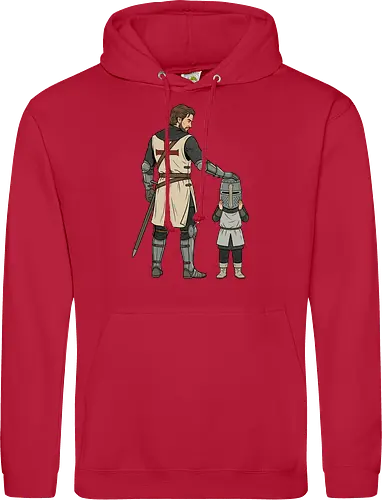 The Squire's Burden: A Knight's Legacy - knight and squire shirt, medieval crusader graphic tee, funny history apparel, D&D player clothing, big helmet child design, historical meme streetwear, retro comic book art, templar knight merch, father and son knight tee, aesthetic fantasy fashion - Standard Hoodie
