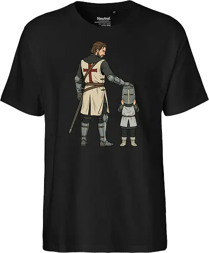 The Squire's Burden: A Knight's Legacy - knight and squire shirt, medieval crusader graphic tee, funny history apparel, D&D player clothing, big helmet child design, historical meme streetwear, retro comic book art, templar knight merch, father and son knight tee, aesthetic fantasy fashion - Fairtrade T-Shirt