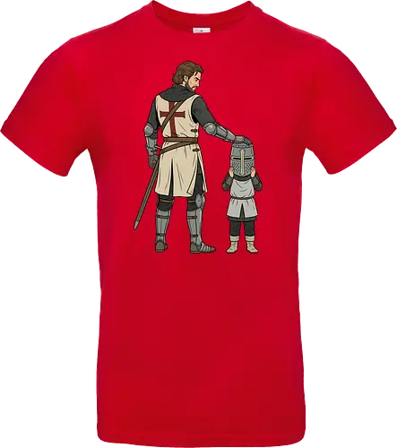 The Squire's Burden: A Knight's Legacy - knight and squire shirt, medieval crusader graphic tee, funny history apparel, D&D player clothing, big helmet child design, historical meme streetwear, retro comic book art, templar knight merch, father and son knight tee, aesthetic fantasy fashion - Standard T-Shirt