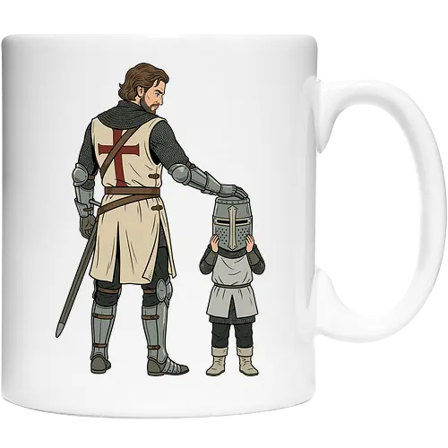 The Squire's Burden: A Knight's Legacy - knight and squire shirt, medieval crusader graphic tee, funny history apparel, D&D player clothing, big helmet child design, historical meme streetwear, retro comic book art, templar knight merch, father and son knight tee, aesthetic fantasy fashion - Cup