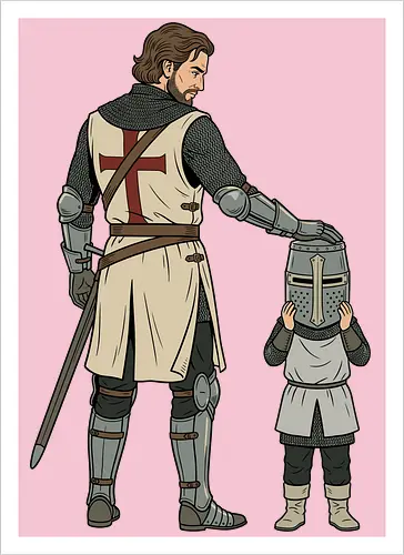 The Squire's Burden: A Knight's Legacy - knight and squire shirt, medieval crusader graphic tee, funny history apparel, D&D player clothing, big helmet child design, historical meme streetwear, retro comic book art, templar knight merch, father and son knight tee, aesthetic fantasy fashion - Artprint