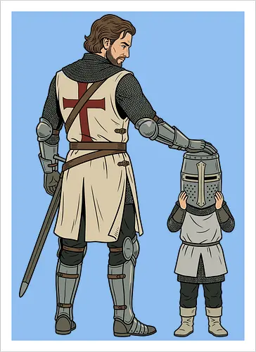 The Squire's Burden: A Knight's Legacy - knight and squire shirt, medieval crusader graphic tee, funny history apparel, D&D player clothing, big helmet child design, historical meme streetwear, retro comic book art, templar knight merch, father and son knight tee, aesthetic fantasy fashion - Artprint