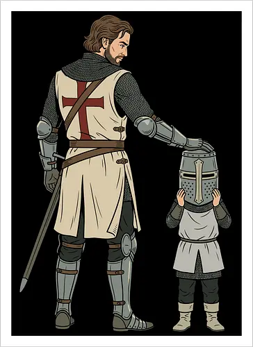 The Squire's Burden: A Knight's Legacy - knight and squire shirt, medieval crusader graphic tee, funny history apparel, D&D player clothing, big helmet child design, historical meme streetwear, retro comic book art, templar knight merch, father and son knight tee, aesthetic fantasy fashion - Artprint