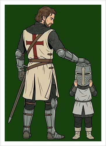 The Squire's Burden: A Knight's Legacy - knight and squire shirt, medieval crusader graphic tee, funny history apparel, D&D player clothing, big helmet child design, historical meme streetwear, retro comic book art, templar knight merch, father and son knight tee, aesthetic fantasy fashion - Artprint