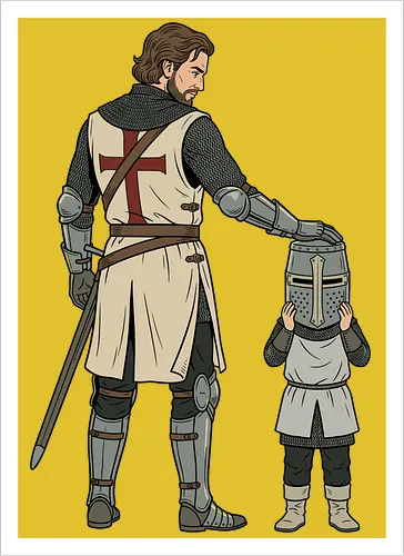 The Squire's Burden: A Knight's Legacy - knight and squire shirt, medieval crusader graphic tee, funny history apparel, D&D player clothing, big helmet child design, historical meme streetwear, retro comic book art, templar knight merch, father and son knight tee, aesthetic fantasy fashion - Artprint