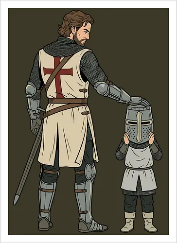 The Squire's Burden: A Knight's Legacy - knight and squire shirt, medieval crusader graphic tee, funny history apparel, D&D player clothing, big helmet child design, historical meme streetwear, retro comic book art, templar knight merch, father and son knight tee, aesthetic fantasy fashion - Artprint