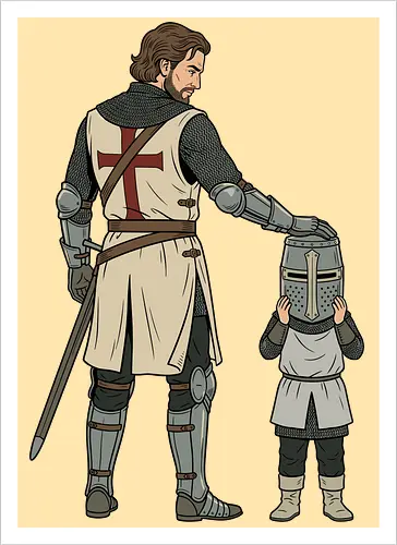 The Squire's Burden: A Knight's Legacy - knight and squire shirt, medieval crusader graphic tee, funny history apparel, D&D player clothing, big helmet child design, historical meme streetwear, retro comic book art, templar knight merch, father and son knight tee, aesthetic fantasy fashion - Artprint