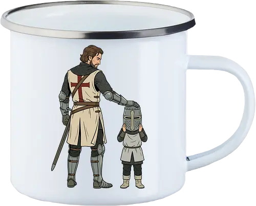 The Squire's Burden: A Knight's Legacy - knight and squire shirt, medieval crusader graphic tee, funny history apparel, D&D player clothing, big helmet child design, historical meme streetwear, retro comic book art, templar knight merch, father and son knight tee, aesthetic fantasy fashion - Enamel Mug