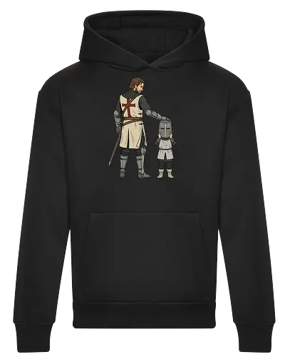 The Squire's Burden: A Knight's Legacy - knight and squire shirt, medieval crusader graphic tee, funny history apparel, D&D player clothing, big helmet child design, historical meme streetwear, retro comic book art, templar knight merch, father and son knight tee, aesthetic fantasy fashion - Heavyweight Hoodie