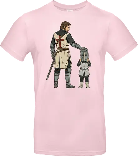 The Squire's Burden: A Knight's Legacy - knight and squire shirt, medieval crusader graphic tee, funny history apparel, D&D player clothing, big helmet child design, historical meme streetwear, retro comic book art, templar knight merch, father and son knight tee, aesthetic fantasy fashion - Standard T-Shirt