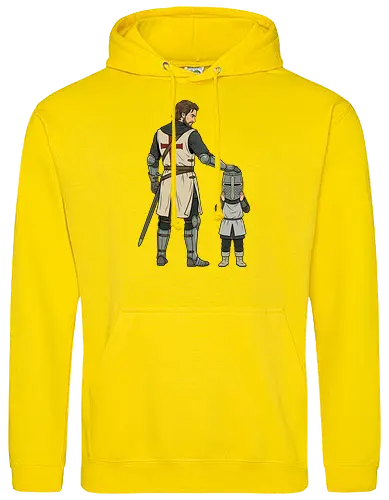 The Squire's Burden: A Knight's Legacy - knight and squire shirt, medieval crusader graphic tee, funny history apparel, D&D player clothing, big helmet child design, historical meme streetwear, retro comic book art, templar knight merch, father and son knight tee, aesthetic fantasy fashion - Standard Hoodie
