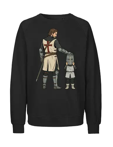 The Squire's Burden: A Knight's Legacy - knight and squire shirt, medieval crusader graphic tee, funny history apparel, D&D player clothing, big helmet child design, historical meme streetwear, retro comic book art, templar knight merch, father and son knight tee, aesthetic fantasy fashion - Fairtrade Sweatshirt