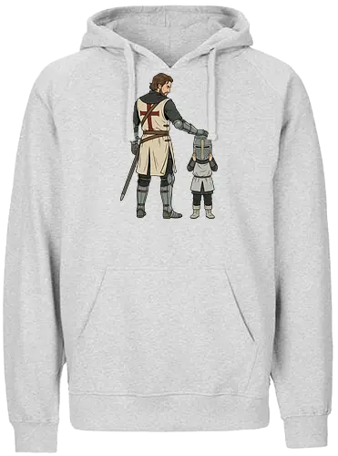 The Squire's Burden: A Knight's Legacy - knight and squire shirt, medieval crusader graphic tee, funny history apparel, D&D player clothing, big helmet child design, historical meme streetwear, retro comic book art, templar knight merch, father and son knight tee, aesthetic fantasy fashion - Fairtrade Hoodie