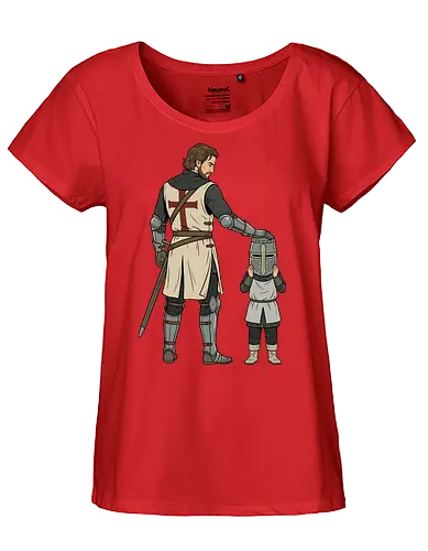 The Squire's Burden: A Knight's Legacy - knight and squire shirt, medieval crusader graphic tee, funny history apparel, D&D player clothing, big helmet child design, historical meme streetwear, retro comic book art, templar knight merch, father and son knight tee, aesthetic fantasy fashion - Fairtrade Girl Shirt