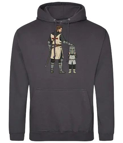 The Squire's Burden: A Knight's Legacy - knight and squire shirt, medieval crusader graphic tee, funny history apparel, D&D player clothing, big helmet child design, historical meme streetwear, retro comic book art, templar knight merch, father and son knight tee, aesthetic fantasy fashion - Standard Hoodie