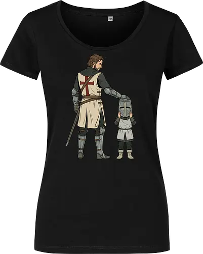 The Squire's Burden: A Knight's Legacy - knight and squire shirt, medieval crusader graphic tee, funny history apparel, D&D player clothing, big helmet child design, historical meme streetwear, retro comic book art, templar knight merch, father and son knight tee, aesthetic fantasy fashion - Women T-Shirt