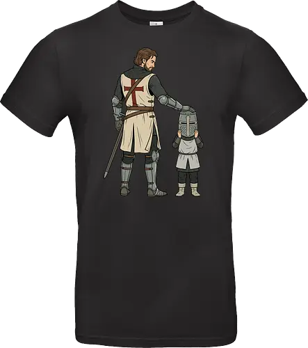 The Squire's Burden: A Knight's Legacy - knight and squire shirt, medieval crusader graphic tee, funny history apparel, D&D player clothing, big helmet child design, historical meme streetwear, retro comic book art, templar knight merch, father and son knight tee, aesthetic fantasy fashion - Standard T-Shirt