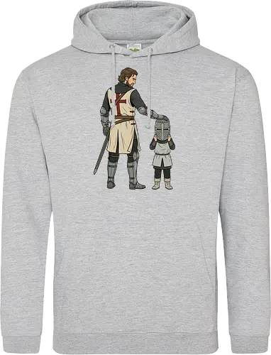 The Squire's Burden: A Knight's Legacy - knight and squire shirt, medieval crusader graphic tee, funny history apparel, D&D player clothing, big helmet child design, historical meme streetwear, retro comic book art, templar knight merch, father and son knight tee, aesthetic fantasy fashion - Standard Hoodie