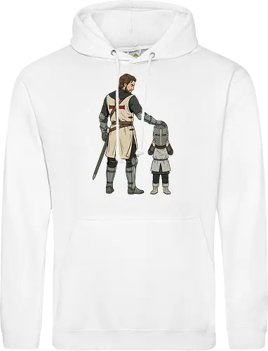 The Squire's Burden: A Knight's Legacy - knight and squire shirt, medieval crusader graphic tee, funny history apparel, D&D player clothing, big helmet child design, historical meme streetwear, retro comic book art, templar knight merch, father and son knight tee, aesthetic fantasy fashion - Standard Hoodie