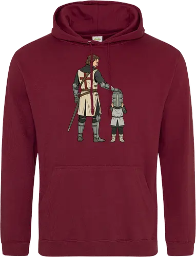 The Squire's Burden: A Knight's Legacy - knight and squire shirt, medieval crusader graphic tee, funny history apparel, D&D player clothing, big helmet child design, historical meme streetwear, retro comic book art, templar knight merch, father and son knight tee, aesthetic fantasy fashion - Standard Hoodie