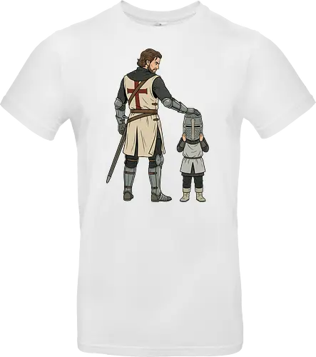The Squire's Burden: A Knight's Legacy - knight and squire shirt, medieval crusader graphic tee, funny history apparel, D&D player clothing, big helmet child design, historical meme streetwear, retro comic book art, templar knight merch, father and son knight tee, aesthetic fantasy fashion - Standard T-Shirt
