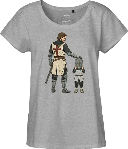 The Squire's Burden: A Knight's Legacy - knight and squire shirt, medieval crusader graphic tee, funny history apparel, D&D player clothing, big helmet child design, historical meme streetwear, retro comic book art, templar knight merch, father and son knight tee, aesthetic fantasy fashion - Fairtrade Girl Shirt