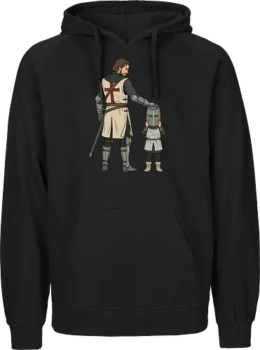 The Squire's Burden: A Knight's Legacy - knight and squire shirt, medieval crusader graphic tee, funny history apparel, D&D player clothing, big helmet child design, historical meme streetwear, retro comic book art, templar knight merch, father and son knight tee, aesthetic fantasy fashion - Fairtrade Hoodie