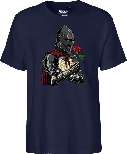 Chivalry and Steel: The Romantic Knight - dark knight shirt, medieval armor graphic tee, knight holding rose apparel, romantic gothic streetwear, D&D player clothing, dark fantasy fashion, chivalry aesthetic tee, comic book style knight, aesthetic warrior merch, fantasy romance design - Fairtrade T-Shirt