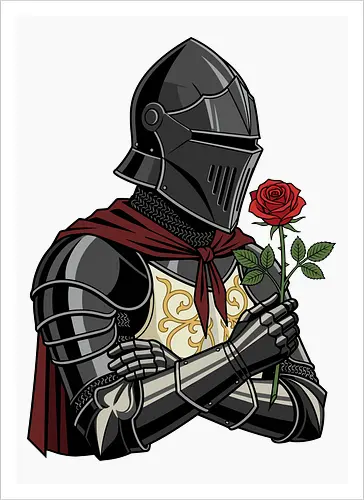 Chivalry and Steel: The Romantic Knight - dark knight shirt, medieval armor graphic tee, knight holding rose apparel, romantic gothic streetwear, D&D player clothing, dark fantasy fashion, chivalry aesthetic tee, comic book style knight, aesthetic warrior merch, fantasy romance design - Artprint