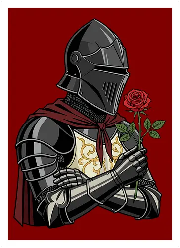 Chivalry and Steel: The Romantic Knight - dark knight shirt, medieval armor graphic tee, knight holding rose apparel, romantic gothic streetwear, D&D player clothing, dark fantasy fashion, chivalry aesthetic tee, comic book style knight, aesthetic warrior merch, fantasy romance design - Artprint
