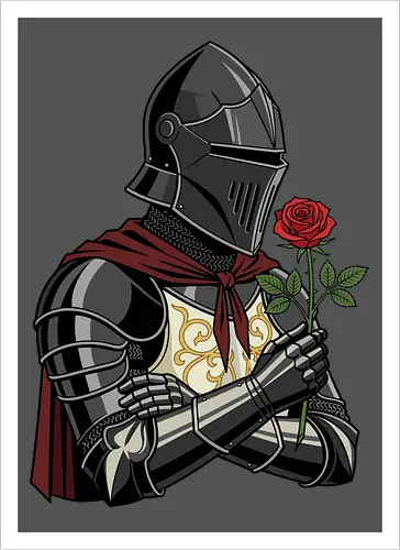 Chivalry and Steel: The Romantic Knight - dark knight shirt, medieval armor graphic tee, knight holding rose apparel, romantic gothic streetwear, D&D player clothing, dark fantasy fashion, chivalry aesthetic tee, comic book style knight, aesthetic warrior merch, fantasy romance design - Artprint