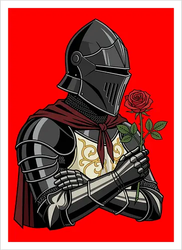 Chivalry and Steel: The Romantic Knight - dark knight shirt, medieval armor graphic tee, knight holding rose apparel, romantic gothic streetwear, D&D player clothing, dark fantasy fashion, chivalry aesthetic tee, comic book style knight, aesthetic warrior merch, fantasy romance design - Artprint