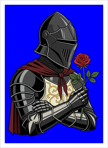 Chivalry and Steel: The Romantic Knight - dark knight shirt, medieval armor graphic tee, knight holding rose apparel, romantic gothic streetwear, D&D player clothing, dark fantasy fashion, chivalry aesthetic tee, comic book style knight, aesthetic warrior merch, fantasy romance design - Artprint