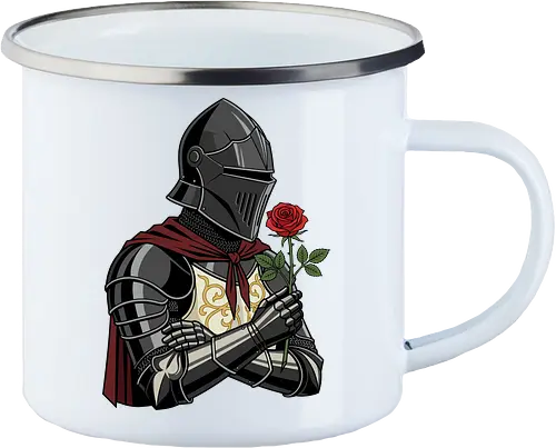 Chivalry and Steel: The Romantic Knight - dark knight shirt, medieval armor graphic tee, knight holding rose apparel, romantic gothic streetwear, D&D player clothing, dark fantasy fashion, chivalry aesthetic tee, comic book style knight, aesthetic warrior merch, fantasy romance design - Enamel Mug