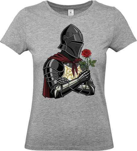 Chivalry and Steel: The Romantic Knight - dark knight shirt, medieval armor graphic tee, knight holding rose apparel, romantic gothic streetwear, D&D player clothing, dark fantasy fashion, chivalry aesthetic tee, comic book style knight, aesthetic warrior merch, fantasy romance design - Standard T-Shirt (Women)