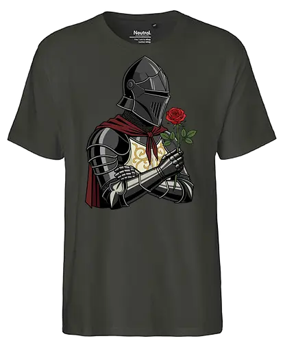 Chivalry and Steel: The Romantic Knight - dark knight shirt, medieval armor graphic tee, knight holding rose apparel, romantic gothic streetwear, D&D player clothing, dark fantasy fashion, chivalry aesthetic tee, comic book style knight, aesthetic warrior merch, fantasy romance design - Fairtrade T-Shirt