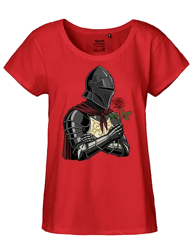 Chivalry and Steel: The Romantic Knight - dark knight shirt, medieval armor graphic tee, knight holding rose apparel, romantic gothic streetwear, D&D player clothing, dark fantasy fashion, chivalry aesthetic tee, comic book style knight, aesthetic warrior merch, fantasy romance design - Fairtrade Girl Shirt